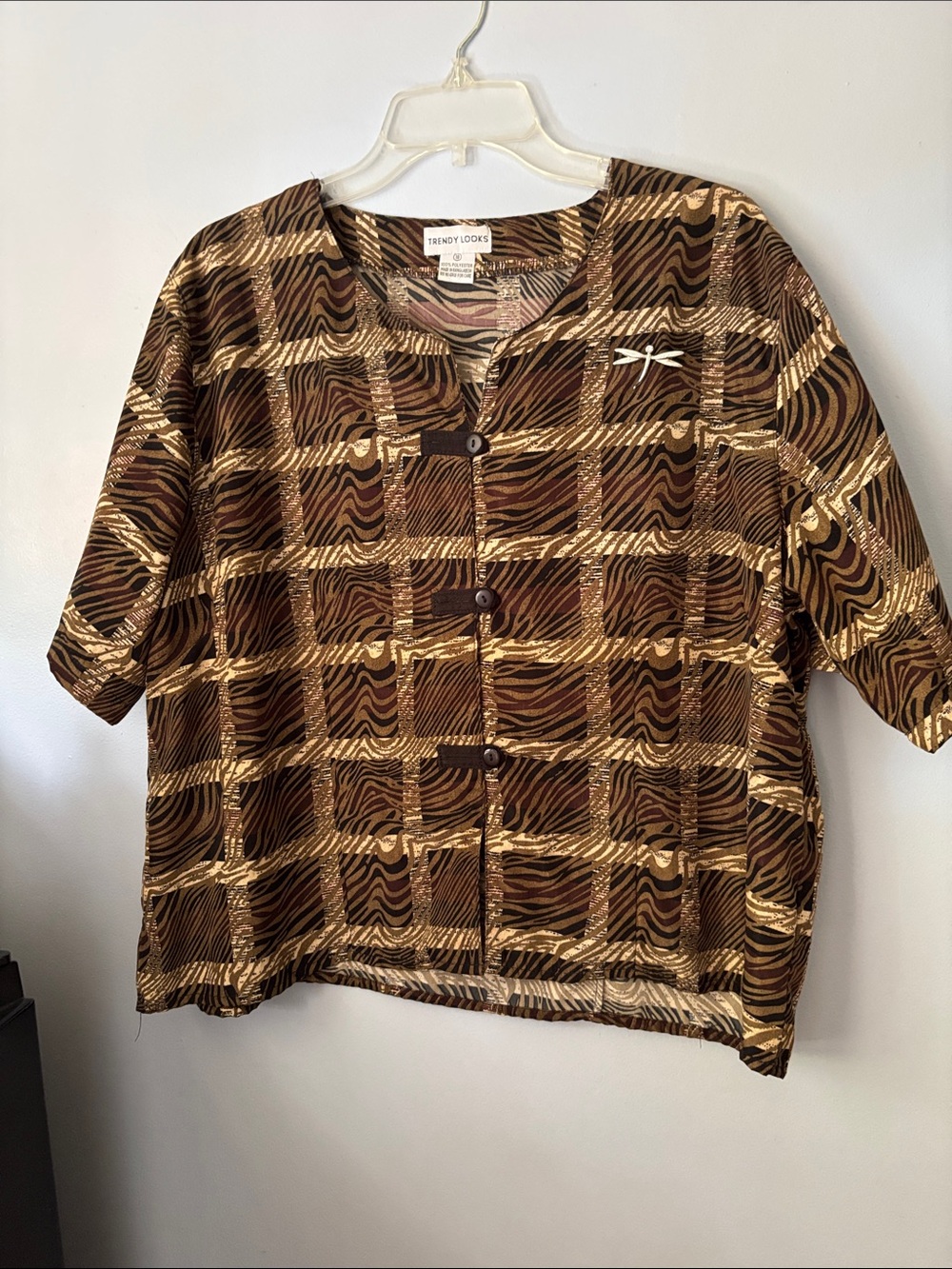 Trendy Looks Women’s Brown Patterned Short-Sleeve Shirt Vintage 1980’s